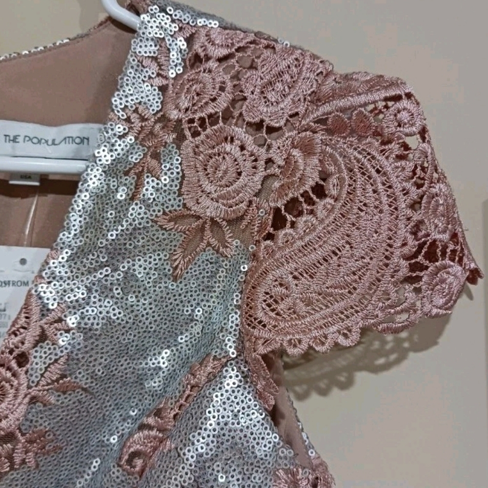Dress The Population Sabrina Sequin Lace Romper Dusty Rose Silver - Picture 6 of 11